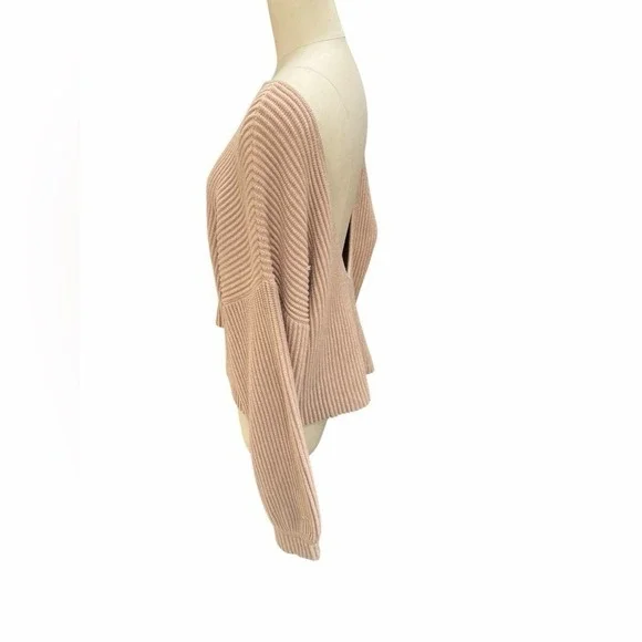 LUNYA Ribbed V Neck Balloon Sleeve Cropped Sweater Tan Size S - Picture 5 of 7